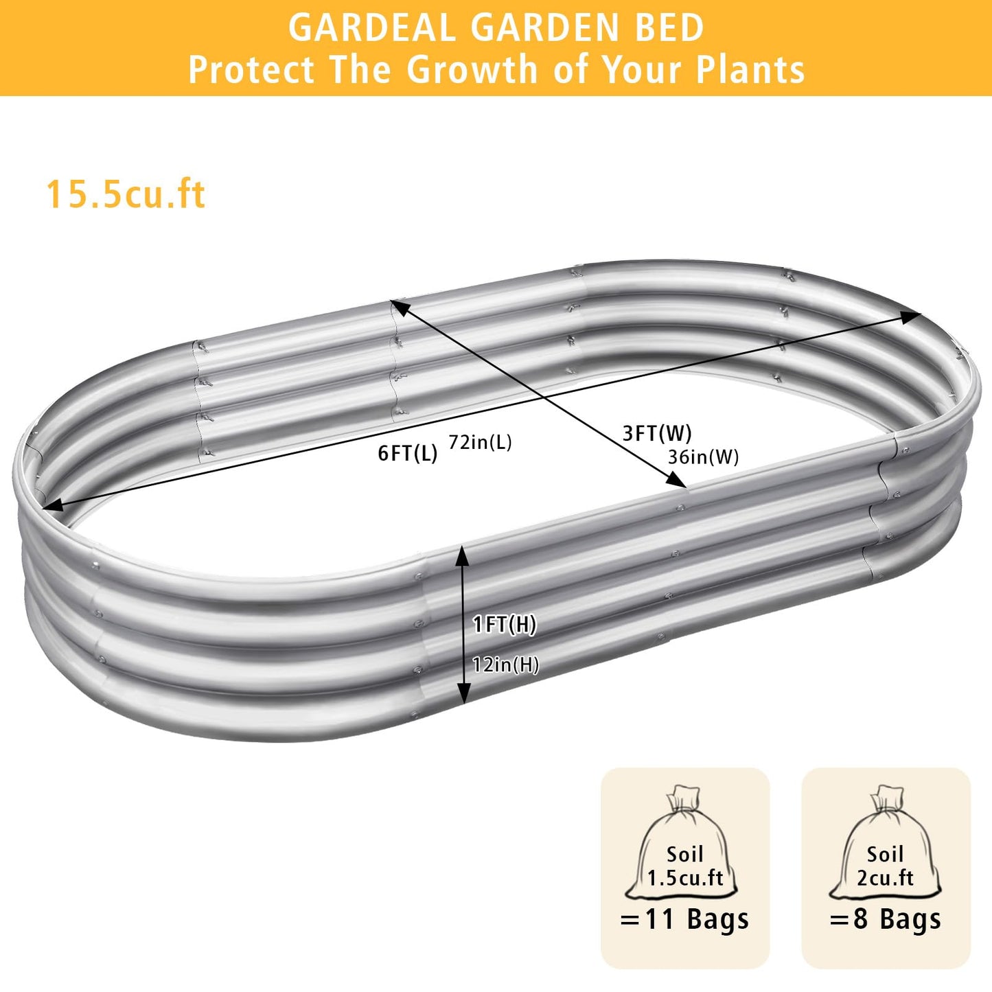 Gardeal Garden 6x3x1ft Galvanized Raised Garden Bed Kit - Metal Planter Boxes for Vegetables/Herbs/Flowers, Heavy-Duty Steel Outdoor Garden Box with Reinforced Edges(6X3X1FT)