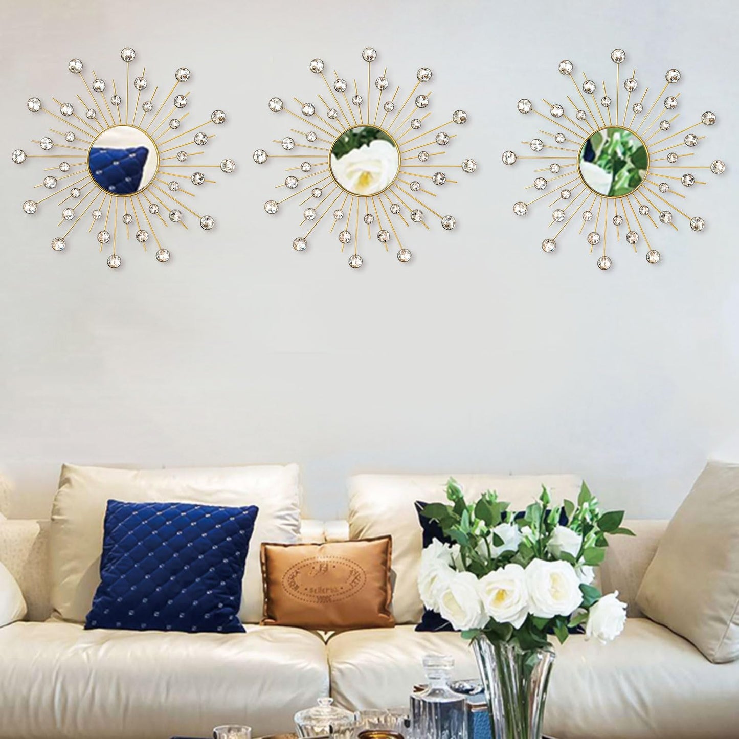 Uaussi 3 Pack Crystal Sunburst Wall Mirror Décor Rhinestone Mirrors Decorative Home Wall Art for Living Room Bedroom Entryway(Crystals Gold)