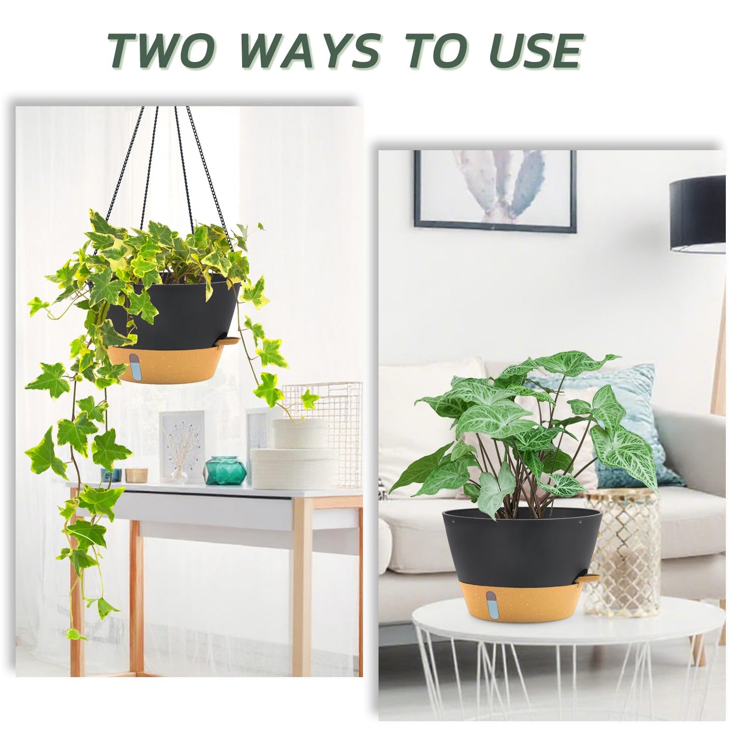 ZMTECH 12 Inch Hanging Planters for Indoor, 2 Pack Large Hanging Plant Pot with Visible Water Level and Chain, Self Watering Hanging Flower Pot for Outdoor Garden Porch(Dark Gray)