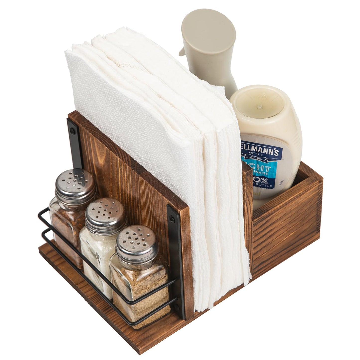 ExoLiry Rustic Burnt Wooden Kitchenware Organizer Napkin Utensil Spice Holders Table Seasoning Shakers Chalkboard Label Countertop Salt Pepper Caddy Wood Kitchen Dining Room Restaurant Café Home