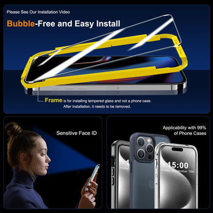 QHOHQ 3 Pack Screen Protector for iPhone 14 Pro 6.1 Inch with 3 Pack Tempered Glass Camera Lens Protector, Ultra HD, 9H Hardness, Scratch Resistant, Case Friendly