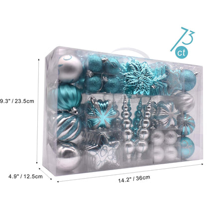AUXO-FUN 73ct Assorted shatterproof Christmas Ornaments Luxury Collection Set in Reusable Hand-held Gift Package for Christmas Tree Decoration (Turquoise & Silver)