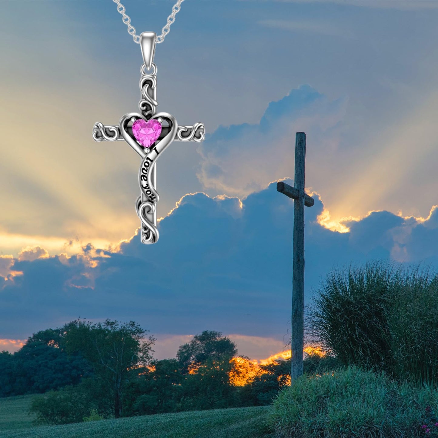 TOUPOP Pink Tourmaline Cross Necklace for Women Valentines Day Gifts Sterling Silver October Birthstone Cross Pendant Necklace Heart Love Jewelry for Her Girlfriend Wife Mom Birthday Christmas Gifts