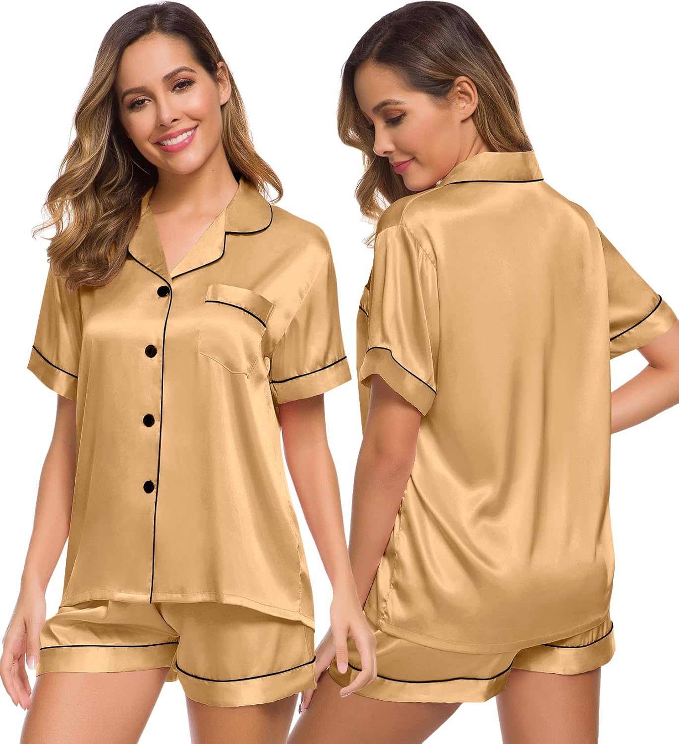 SWOMOG Womens Silk Satin Pajamas Set Short Sleeve Sleepwear Button Down Top and Shorts Loungewear 2 Piece Pjs Set XS-3XL
