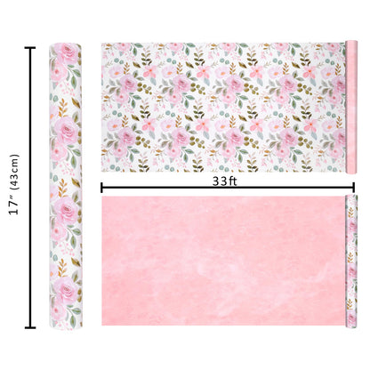 BIOBROWN Reversible Floral Wrapping Paper Roll - 17 Inches X 33 Feet (47 sq. ft. ttl.) Pink Watercolor Roses Design Flower Gift Wrap for Mother's Day, Wedding, Bridal Shower, Valentine's Day