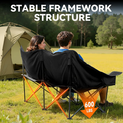 Huskfirm Double Camping Chair Oversized Padded Camping Chairs for Adults Folding Loveseat with Cup Holders and Side Pockets Heavy Duty Outdoor Lawn Chairs for Camping,Sports, Fishing,Beach,Black
