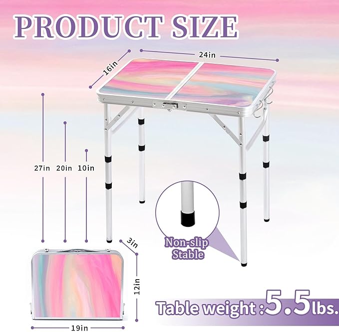 Yriuat Folding Camping Table 2ft Portable Picnic Table Adjustable Height Small