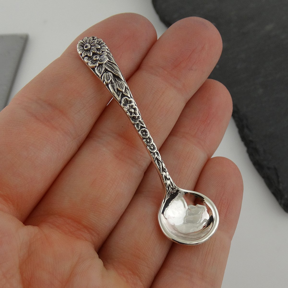 2" Sterling Silver Floral Daisy Salt Spoon or Mustard Spoon, Polished Round Bowl, Flower Design Handle