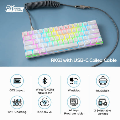 RK ROYAL KLUDGE RK61 60% Mechanical Keyboard with Coiled Cable, 2.4Ghz/Bluetooth/Wired, Wireless Bluetooth Mini Keyboard 61 Keys, RGB Hot Swappable Red Switch Gaming Keyboard with Software - White