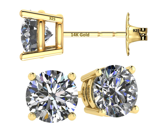 Central Diamond Center 14K Solid Gold Post & Sterling Silver 4 Prong CZ Stud Earrings - Yellow Gold Plated - 9.00mm - 6.00cttw