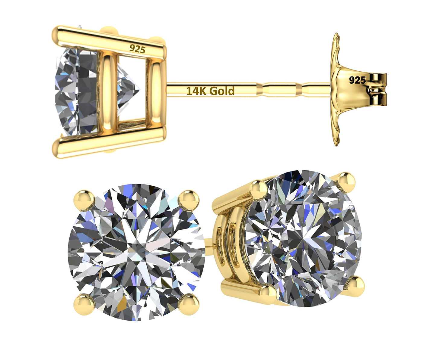 Central Diamond Center 14K Solid Gold Post & Sterling Silver 4 Prong CZ Stud Earrings - Yellow Gold Plated - 8.50mm - 5.00cttw