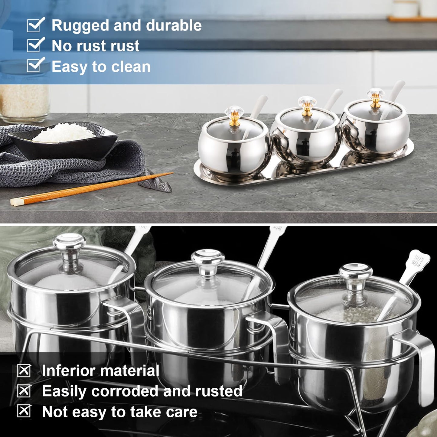 KEJJRIUTN 304 Stainless Steel Seasoning Containers Set, Condiment Jar Spice Container with Lid Spoon and Tray, Sugar Storage Organizers with 3 Serving Spoons