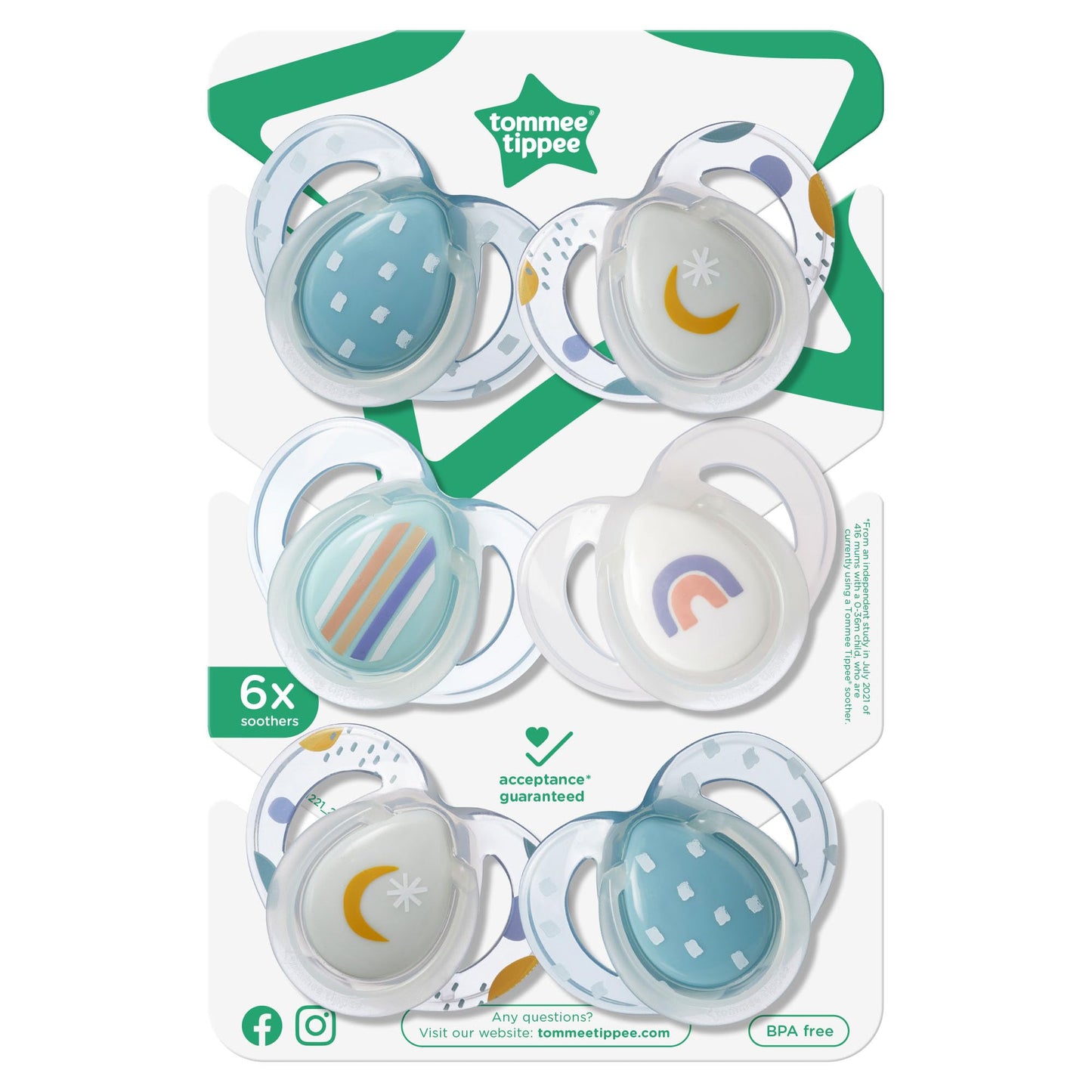 Tommee Tippee Nighttime Soothers, 6-18m, 6 Pack, Glow in The Dark, Varied Colours and Designs, Symmetrical Orthodontic Dummy, BPA-Free Silicone Teat