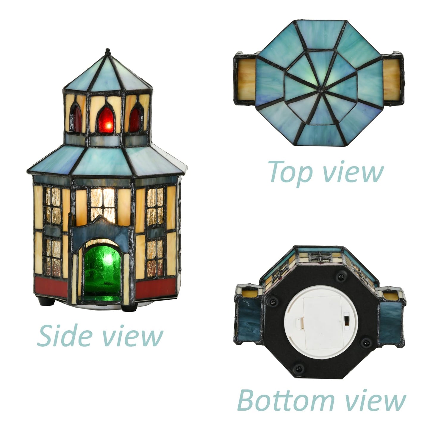 HomeBeauty A0005 Tiffany Lighthouse Lamp Stained Glass LED Accent Table Lamp, Christmas Table Decorations for Living Room Tabletop Party, 6" W x 8" H, LED and Remote Control Included (Opera House)