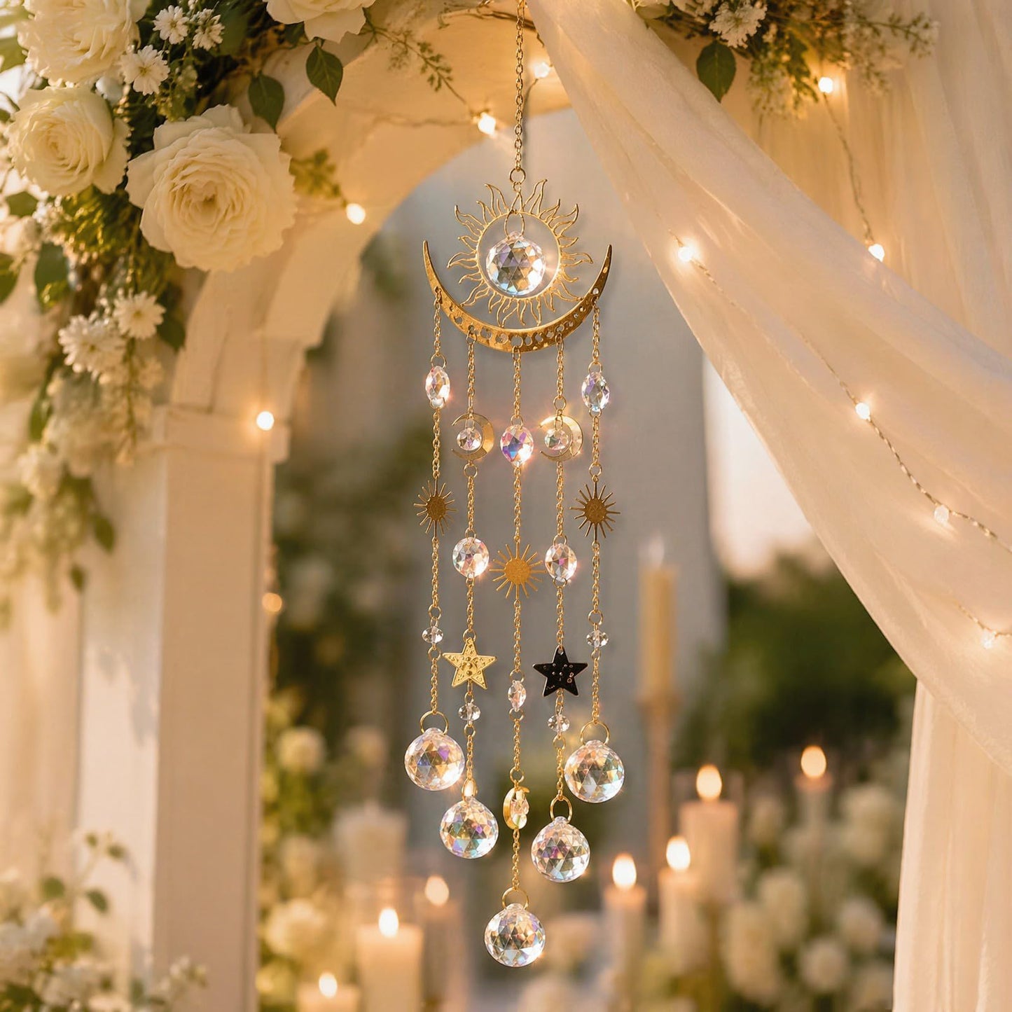 Sun and Moon Crystal Suncatcher for Window Hanging, Prism Sun Catcher with Chain and Hook, Rainbow Maker for Ceiling Porch Indoor Window Home Garden Christmas Day Party Wedding Decoration