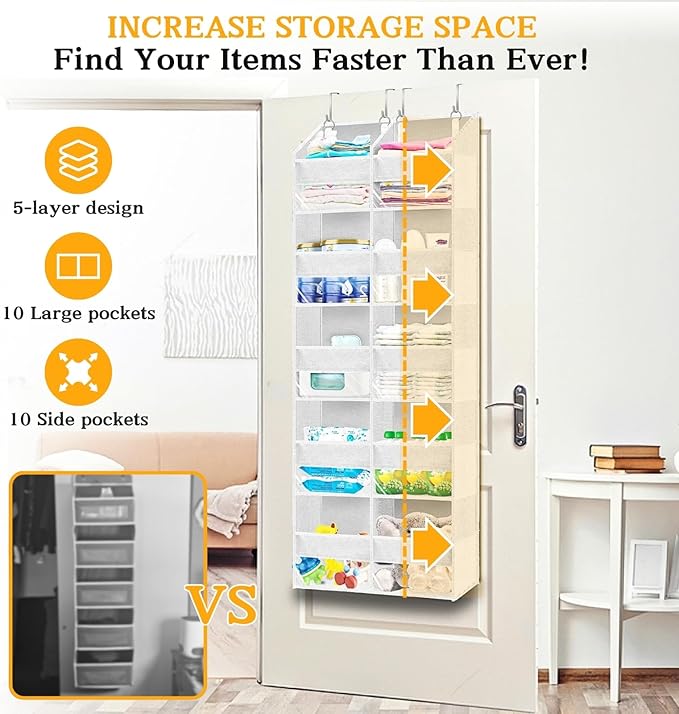 Over The Door Organizer 5 Tiers, Extra Large Behind Door Storage of 10