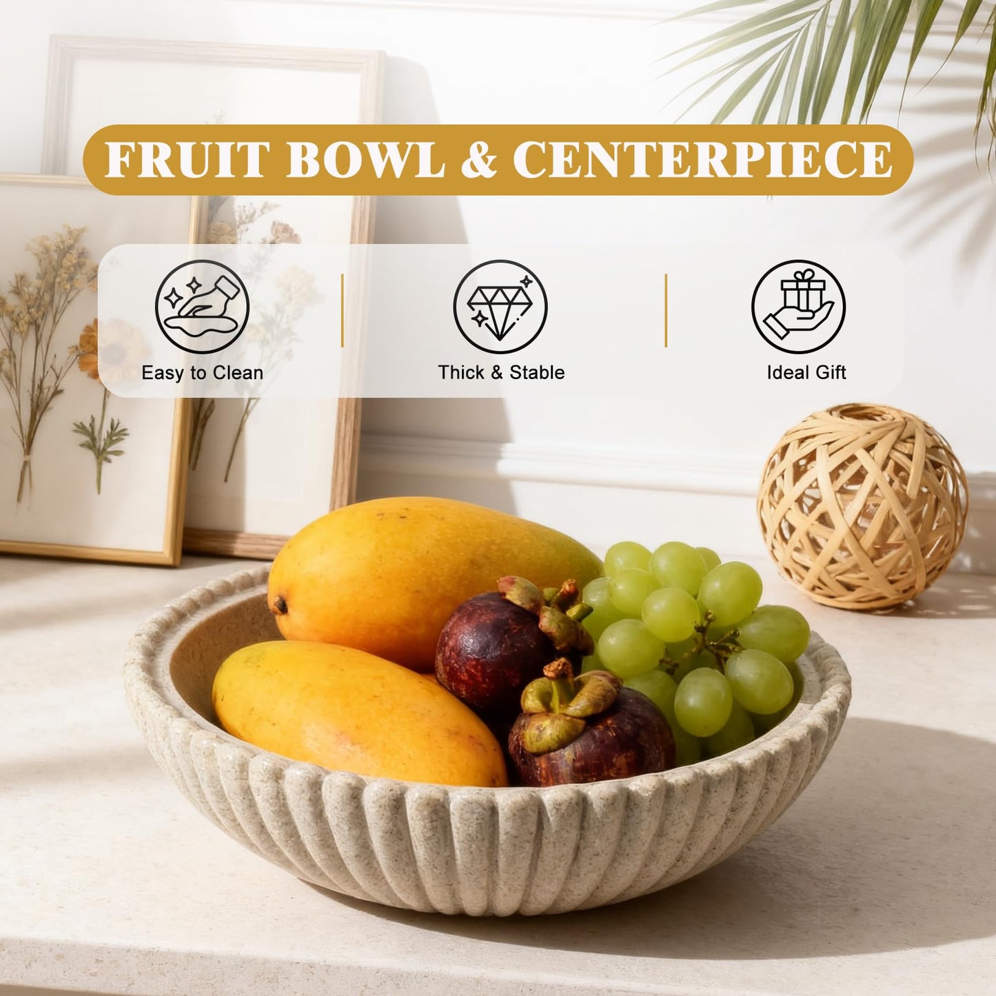 Richtmall Large Resin Decorative Bowl 12 Inch, Fruit Bowl Sandstone Ruffle Key Bowl for Coffee Table Shallow Centerpiece Bowl Catch All Bowl for Kitchen Counter, Entryway, Living Room