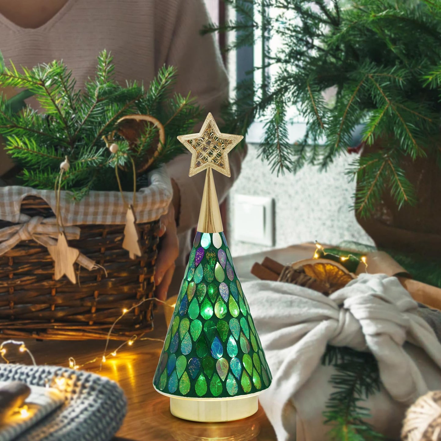 Green Glass Tabletop Christmas Trees, 3 PCS Handmade Mosaic Glass Small Christmas Trees with Light, Battery Operated Xmas Tree for Bedroom Decor 11"