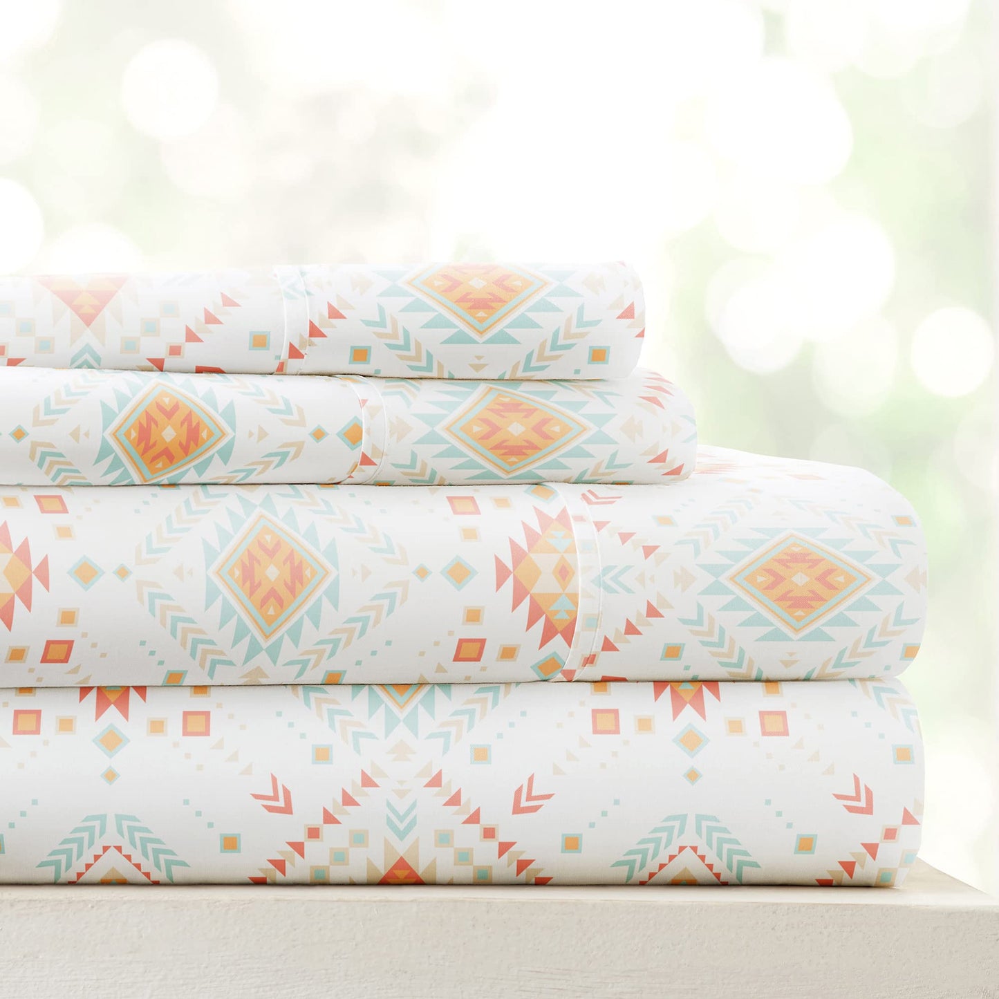 Linen Market Double-Brushed Patterned Microfiber Full Sheet Set 4 Piece – Oeko-TEX Certified Ultra Soft & Wrinkle-Free - 16" Deep Pocket Sheets - Easy Care Full Size - Aztec Dreams Coral