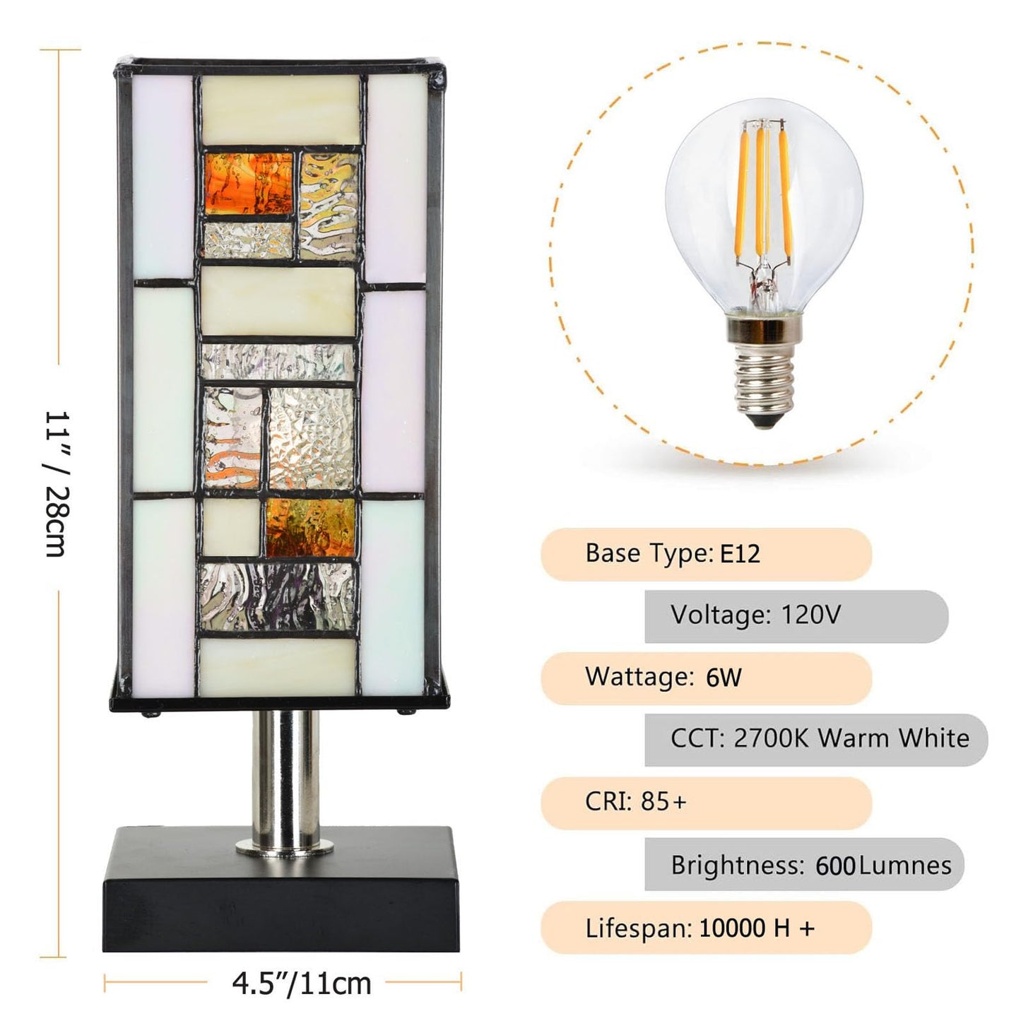 HomeBeauty TL0013 Small Retangular Tiffany Lamp Stained Glass Uplight Table Lamp, Mission Style Geometric Desk Nightstand Lamp for Bedroom Living Room Office Dorm, 4.5" W x 11" H, LED Bulb Included