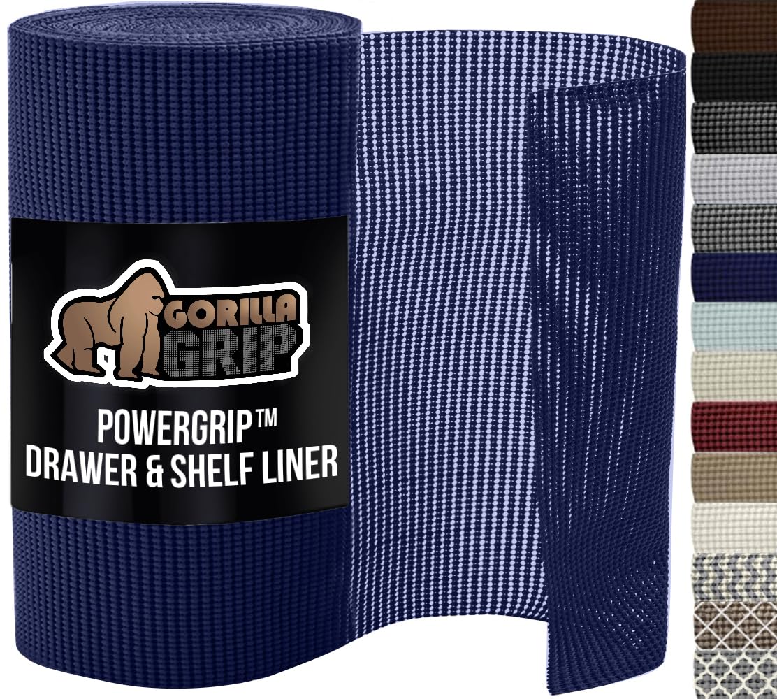 GORILLA GRIP powerGRIP Drawer Shelf and Cabinet Liner, Thick Strong Hold, Non-Adhesive Liners Protect Kitchen Cabinets and Cupboard, Bathroom Drawers, Easy Install, Breathable Mat, 12" x10', Beige