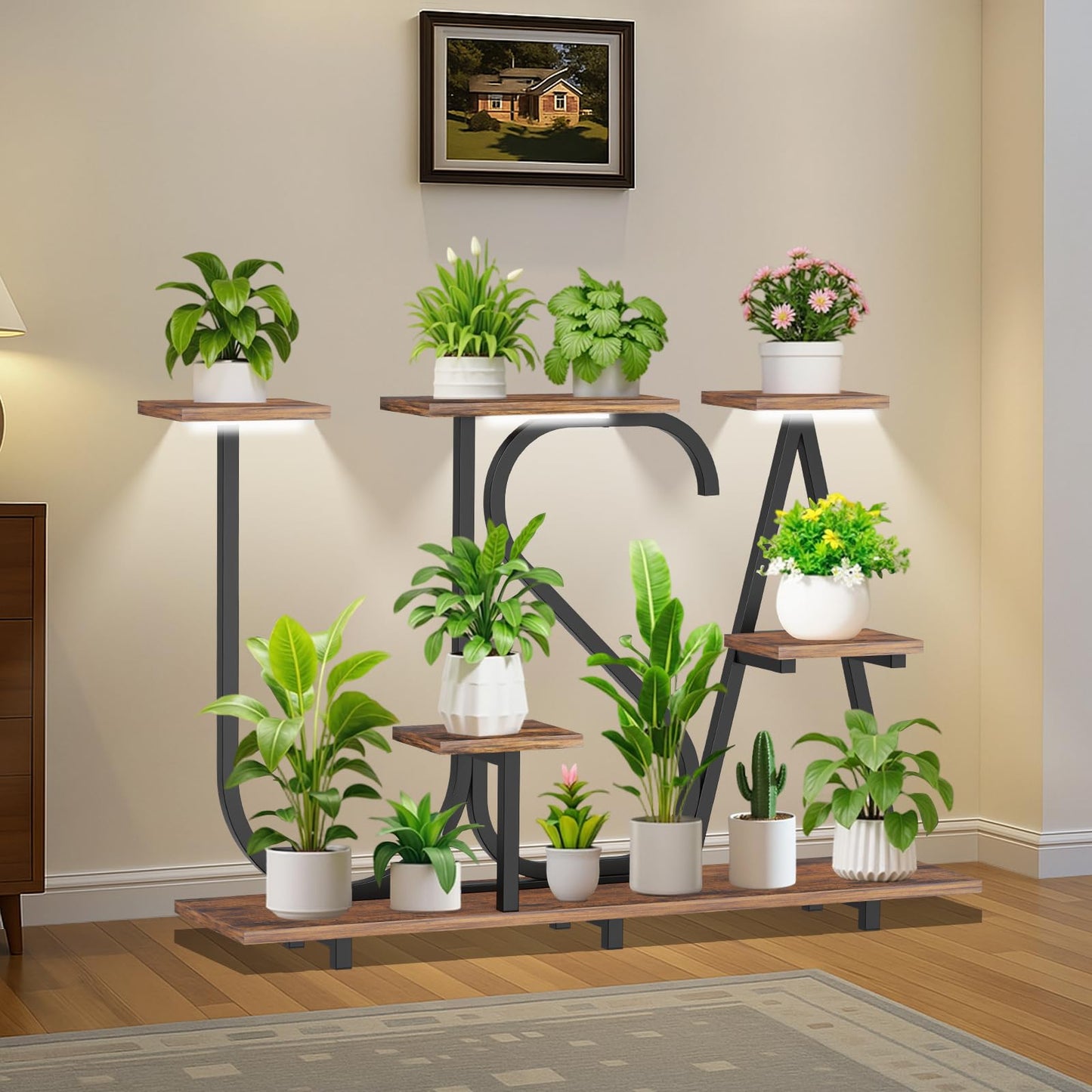 NUNUDA Plant Stand Indoor with Grow Lights - Enlarged 6 Tiered Plant Shelf with Grow Light, 32" USA-Shaped Plant Stand Holds 12 POTS Indoor Plants, Metal Plant Shelf for Home, Living Room, Patio