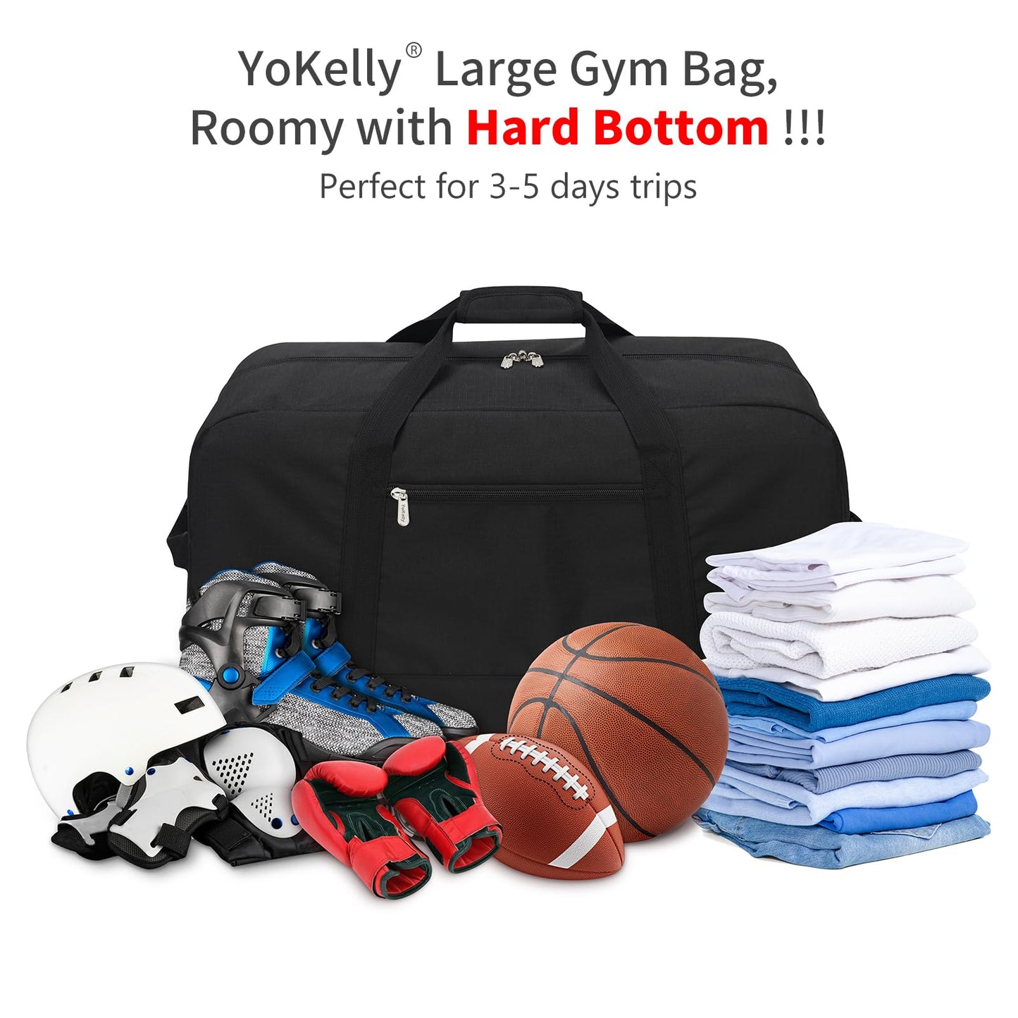 YoKelly 55L Large Duffle Bag for Men Travel - 25 inch Weekender Duffel Bag with Hard Bottom - Black