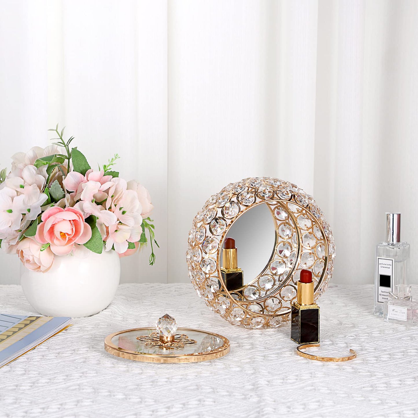 Hipiwe Crystal Jewelry Trinket Box with Glass Lid Large Gold Mirrored Treasure Box Decorative Jewelry Box Ring Earrings Necklace Storage Keepsake Box Gift for Women