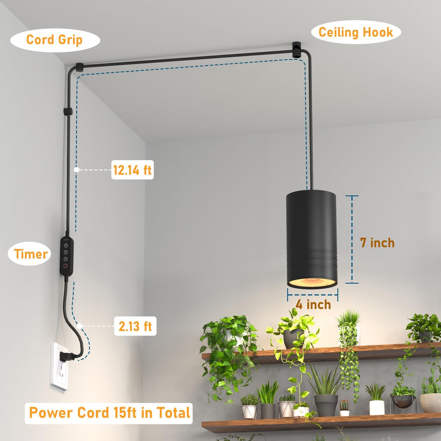 40W Plant Lights for Indoor Growing, Hanging Plant Lamp for Indoor Plants, Large Tall Plant, Garden, Flowers, Greenhouse, with Timer and 15ft Braided Cord, 3000K Full Spectrum, COB Bulb Aluminum Black
