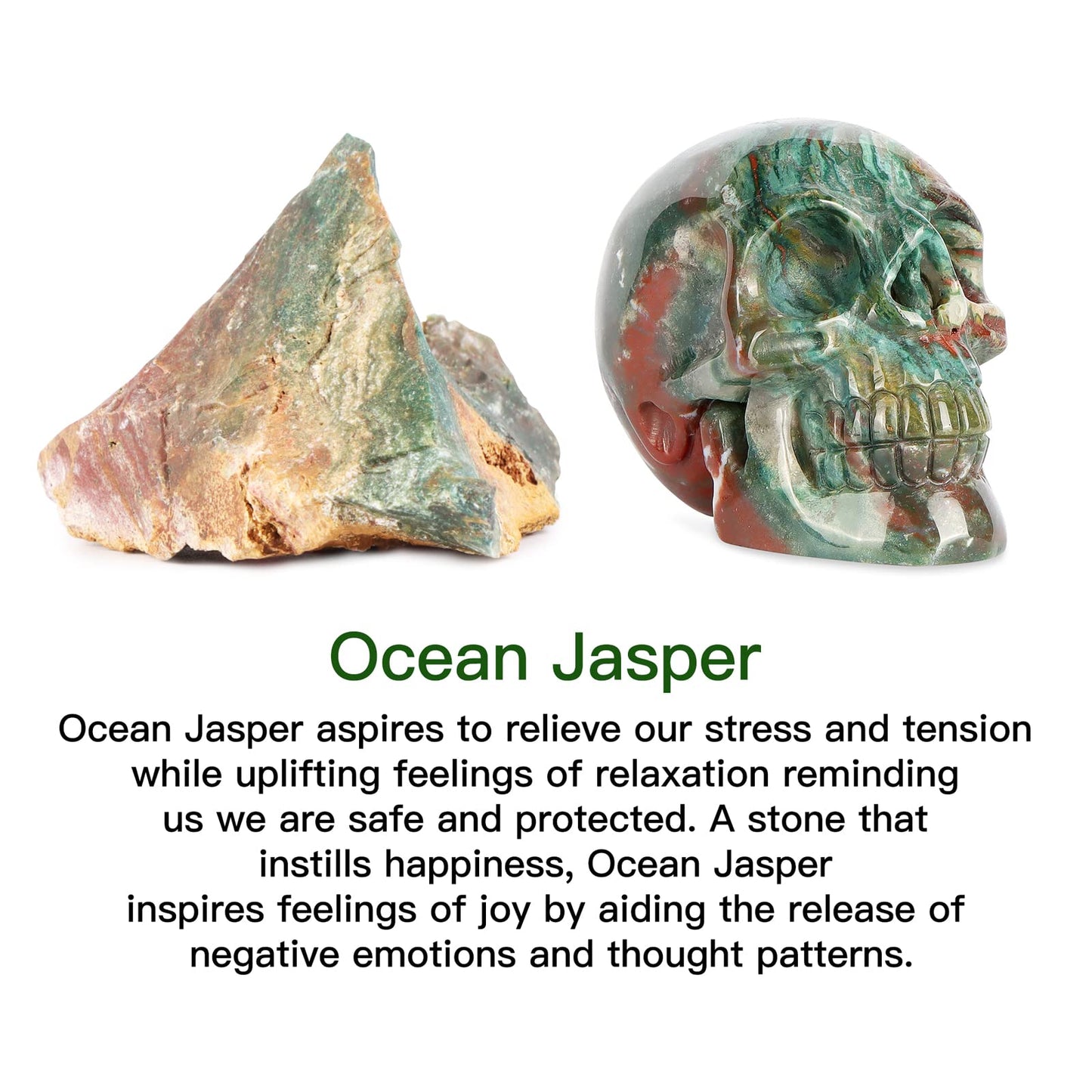 LEADGEM 3.0" Ocean Jasper Crystal Skull Head Decor Figurine Healing Stone Carved Sugar Skull Stutue Sculpture Ornament for Day of Dead Decorations Home Office