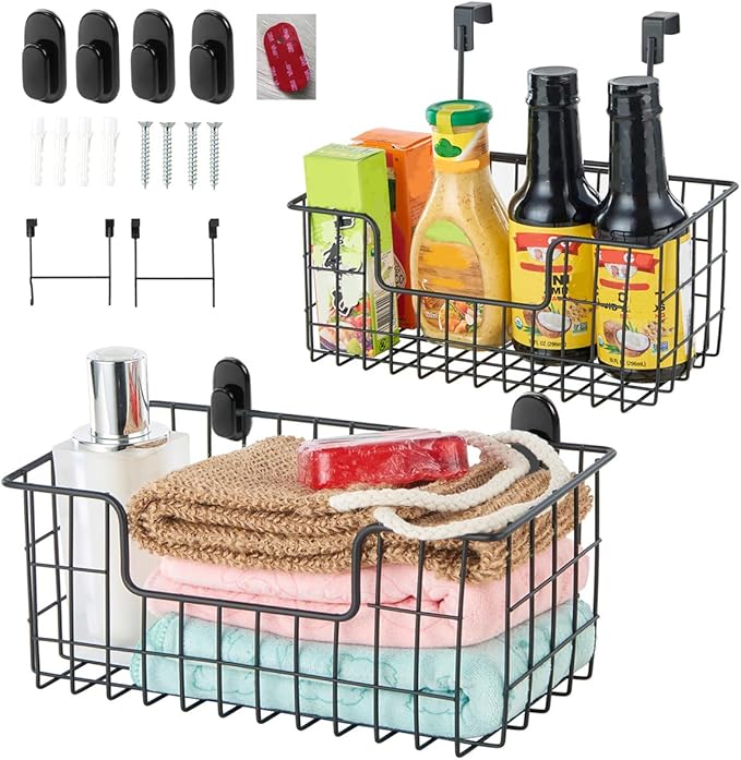 Wire Storage Basket 2 Packs, Wall Mounted Kitchen Bathroom, Hanging Cabinet