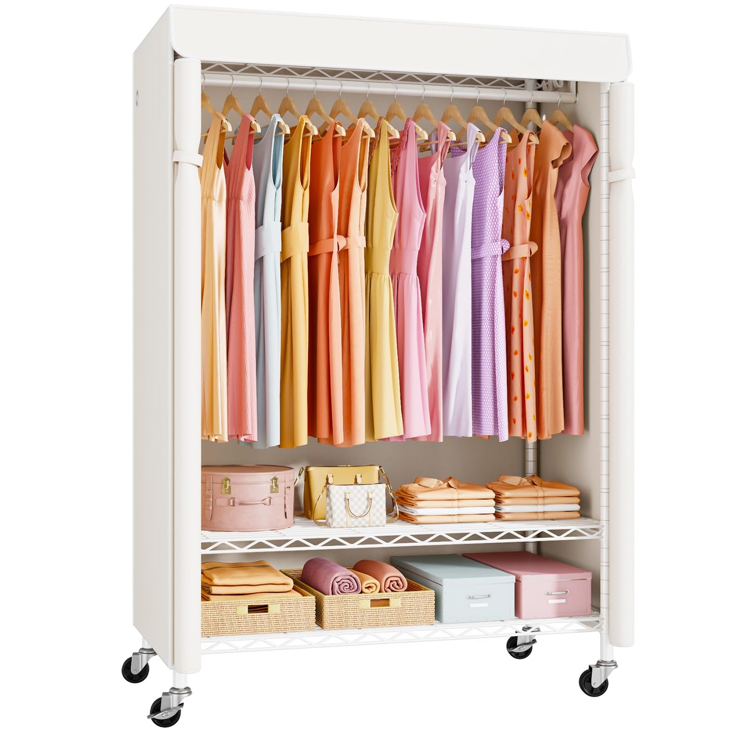 ULIFHOME P6C Plus Rolling Clothes Rack with Cover, Covered Clothing Rack Heavy Duty, Portable Closet for Hanging Clothes, Garment Rack on Wheels, White Closet Rack with White Cover, Max Load 375LBS