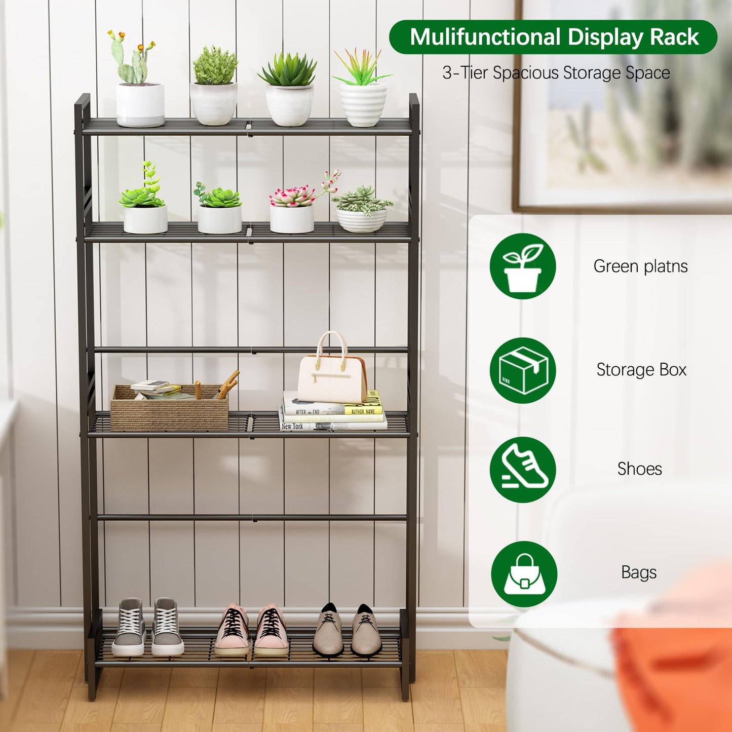 Garden 4 you 4 Tier Stair Style Large Metal Plant Stand Stackable, Garden Display Shelf Flower Pot Holder Storage Organizer Rack for Indoor Home Outdoor Patio Balcony Yard( Black,Rectangle)