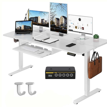 Gamork Electric Standing Desk with Keyboard Tray,55x24 inches Adjustable Height Stand Up Desk,3 Preset Heights,Equipped with Hooks,Raising Desks for Home Office and Computer Workstation,White