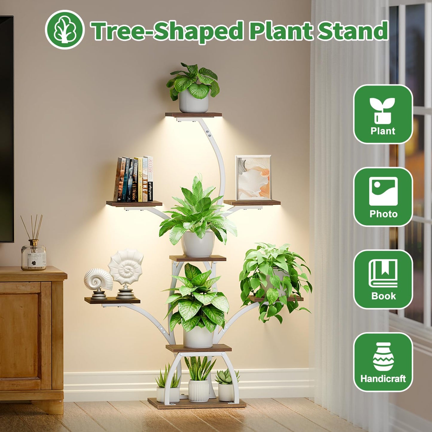 Plant Stand Indoor with Grow Lights, 6 Tiered Plant Shelf Indoor, 50" Corner Plant Stands for Indoor Plants, Lighted Tree-Shaped Plant Holder, Tall Flower Display Rack for Living Room, Patio（White)