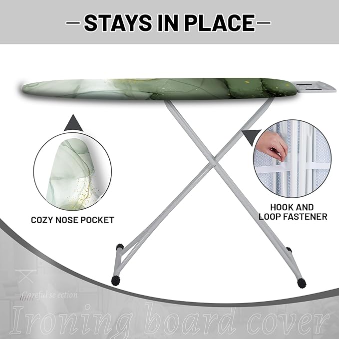 Extra Thick Ironing Board Cover and Pad, Sage Green Marble 15x54 Ironing Board