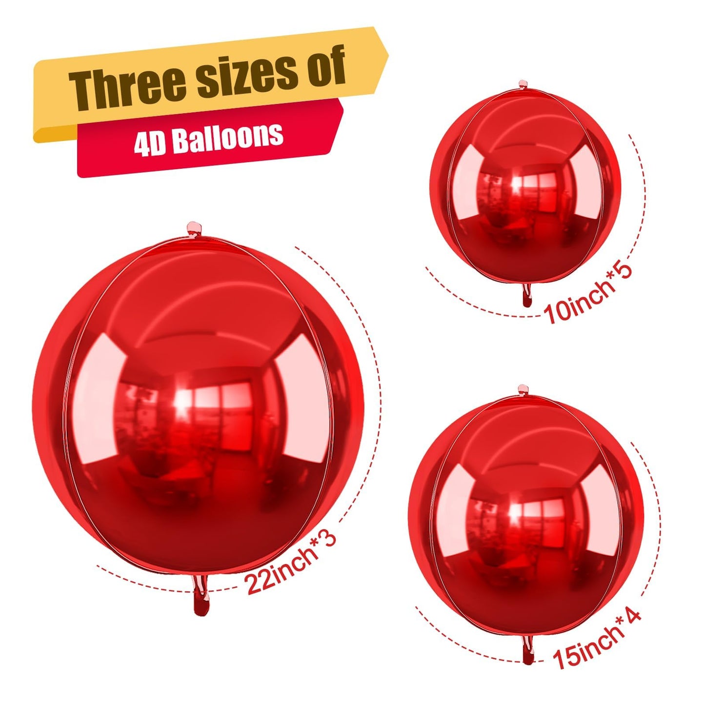 12Pcs Red Round Foil Balloons, 22" 15" 10" 4D Ball Balloons, Metallic Red Foil Balloon for Wedding Birthday Graduation Christmas New Year Party Decoration Supplies Backdrops