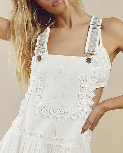 Women's Casual Lace Embroidered Maxi Dress Adjustable Strap Pleated Tiered Swing Long Dress with Pockets