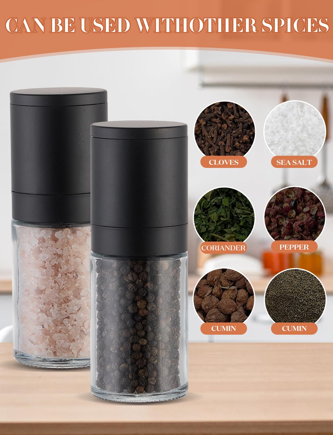 Salt and Pepper Grinder 2pcs Black Pepper Mill Refillable Manual Adjustable Coarseness Glass Material Fits in Home Kitchen Barbecue