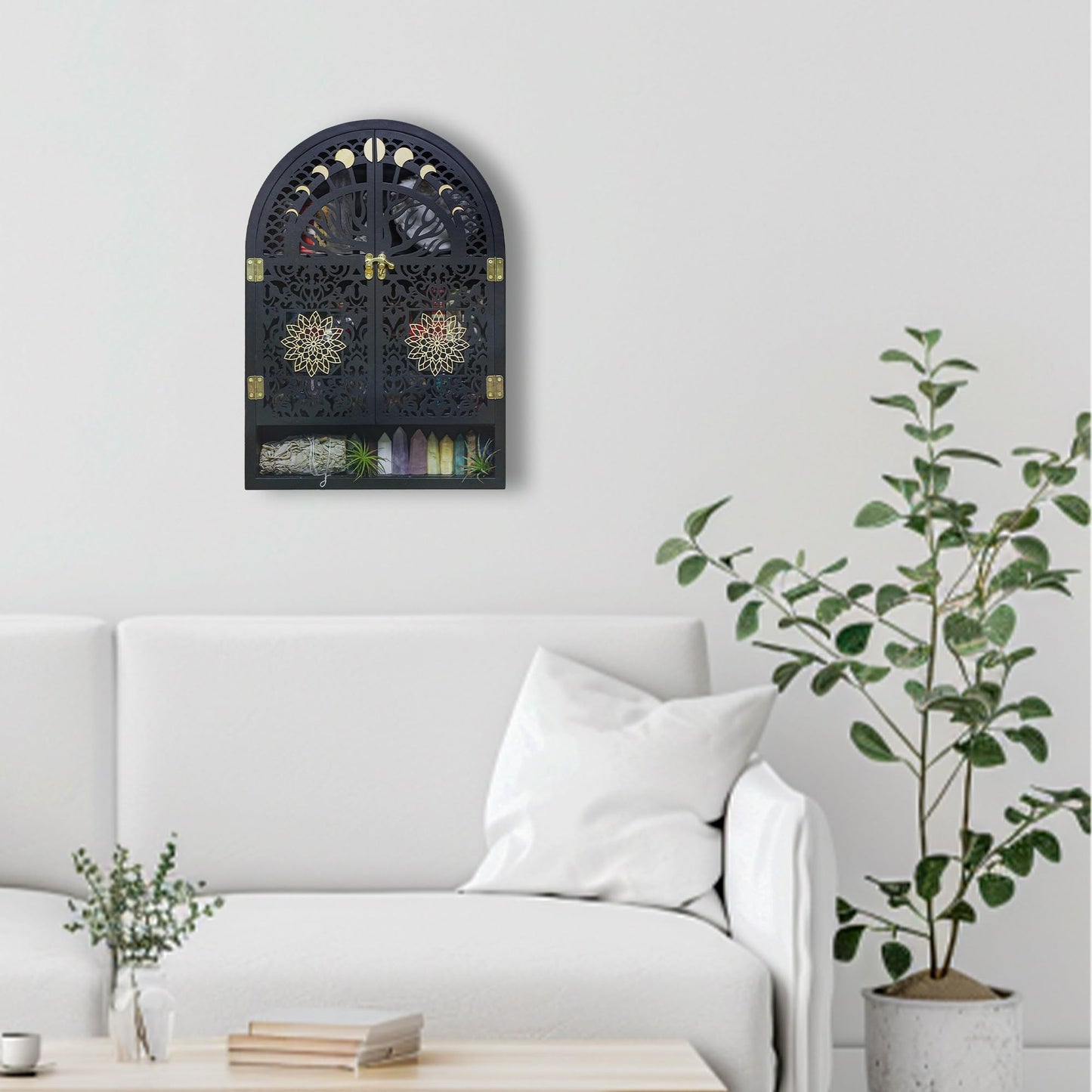 FNYDOX Large Crystal Display Shelf for Wall, Crescent Moon Phase Shelf Wall Decor, Wooden Arch Shelf, Tree of Life Crystal Holder Organizer, Cabinet for Gem Stone Rock, Spiritual Home Room Decor