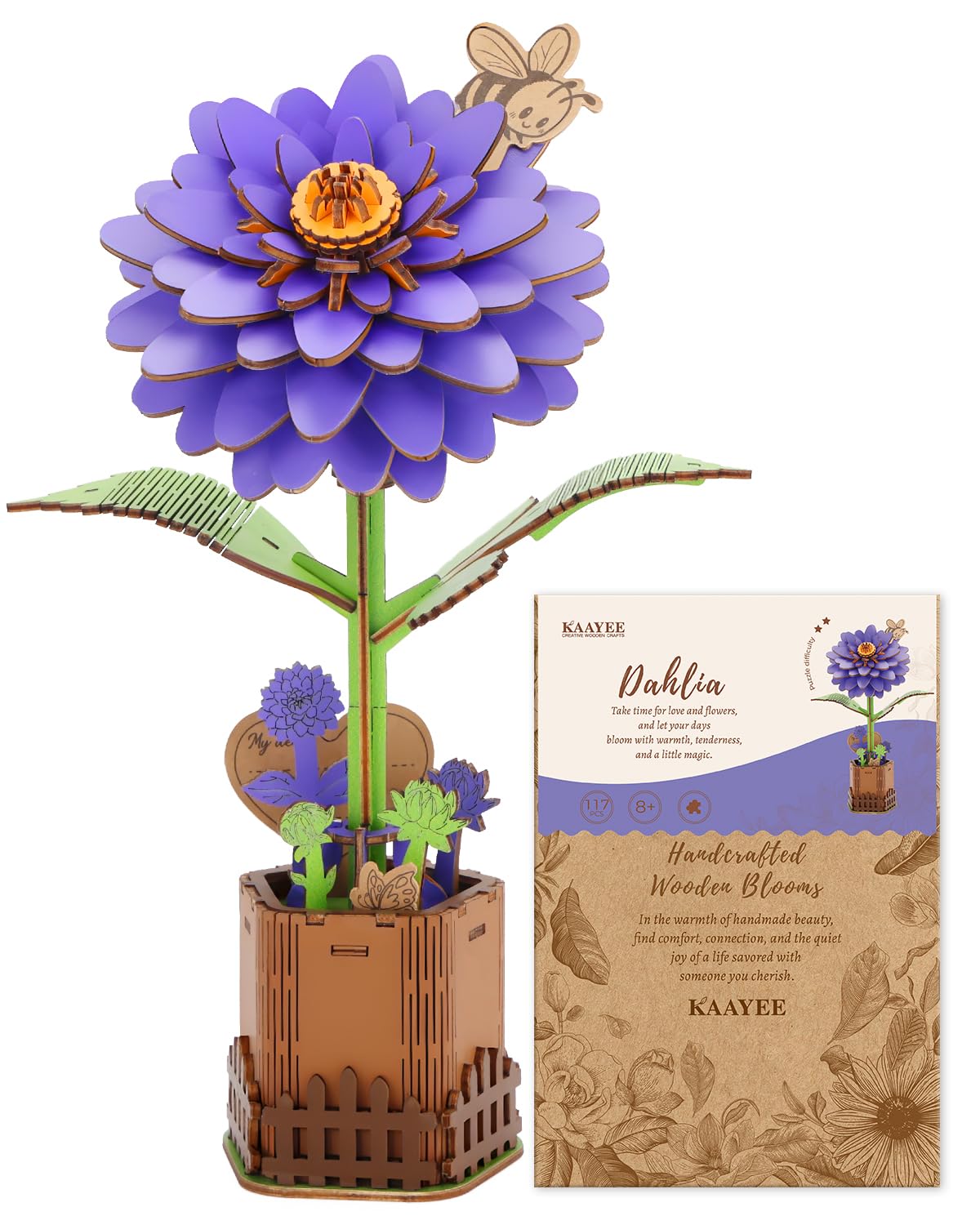 Kaayee 3D Flower Wooden Puzzles for Adults-Dahlia, Wooden Flowers Model Kit Set DIY Crafts to Build, Mother's Day/Botanical Collection/Ideal Creative Gift Ideas/Housewarming（117 PCS）