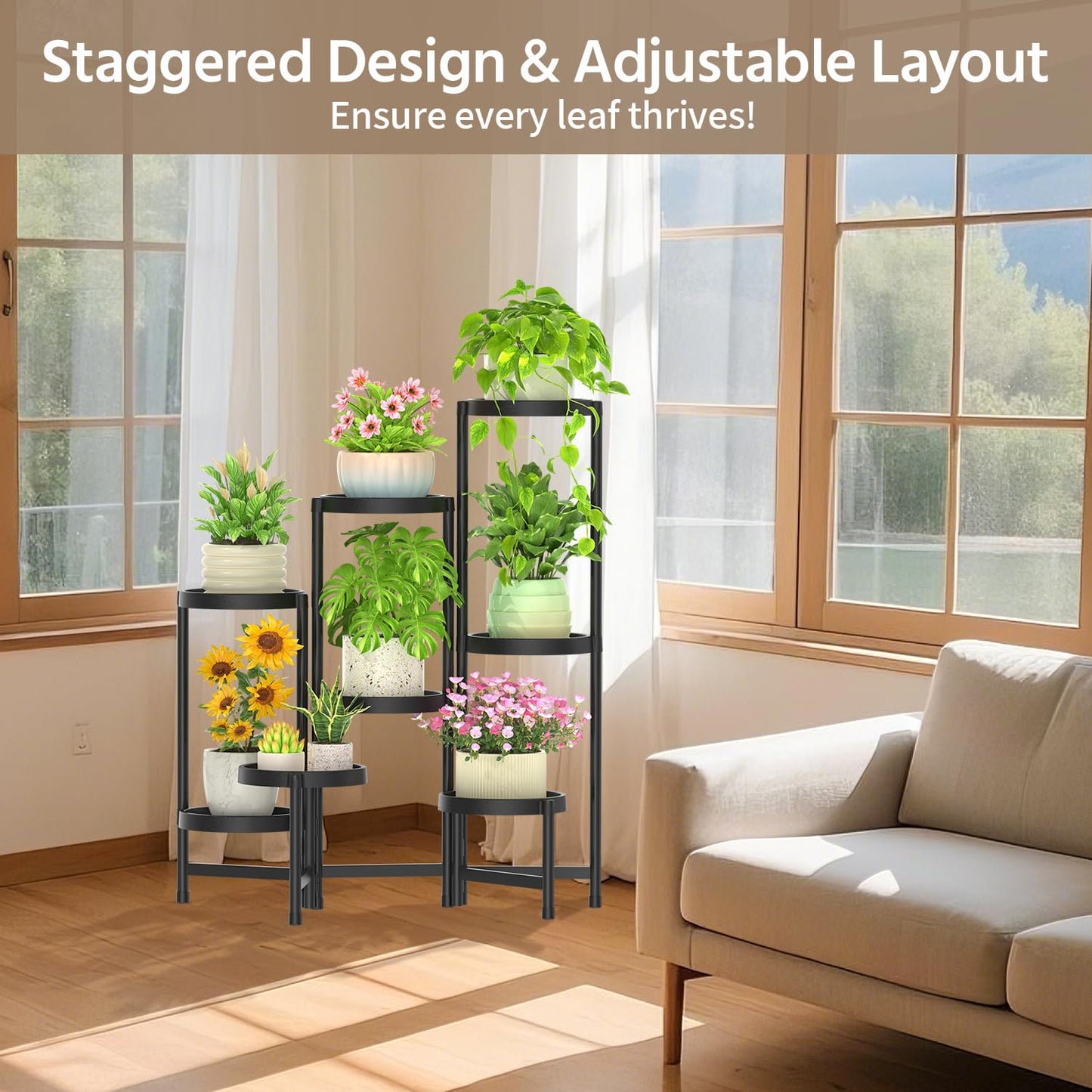 LASZOLA 8 Tiered Plant Stand Indoor Outdoor with Plastic Tray, Corner Folding Tall Flower Display Rack, Modern Plant Holder Shelf for Outdoor Patio Porch Garden Office Living Room, Black