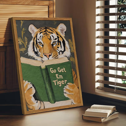 Framed Funny Tiger Wall Art, Motivational Animal Reading Wall Decor Paintings, Eclectic Go Get Em Tiger Canvas Prints Pictures Home Decor for Living Room Bedroom Dorm Office 12x16 inch