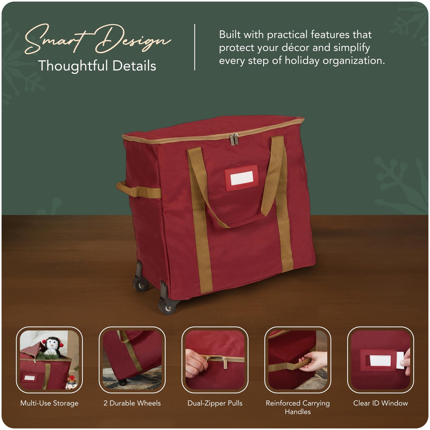 Covermates Keepsakes Rolling Treasurekeeper Storage Bag – Heavy-Duty Polyester with Dual Wheels & Handles – Protects Holiday Decorations with ID Window & Dual Zipper Access, Red