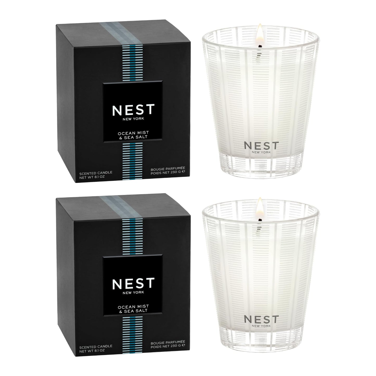 NEST New York Scented Classic Candle Duo, Ocean Mist & Sea Salt - 8.1 oz, Pack of 2 - Up to 60-Hour Burn Time Each - Reusable Glass Vessel