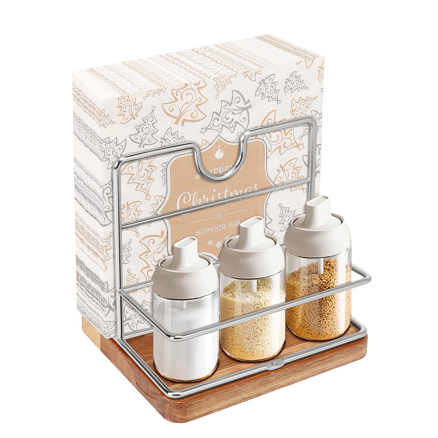 Livabber Napkin Holder, Metal Napkin Storage with Salt and Pepper Shakers Caddy Modern Napkin Dispenser for Table Kitchen Countertop, Not Including Salt and Pepper Shakers (Middle Wooden, Chrome)