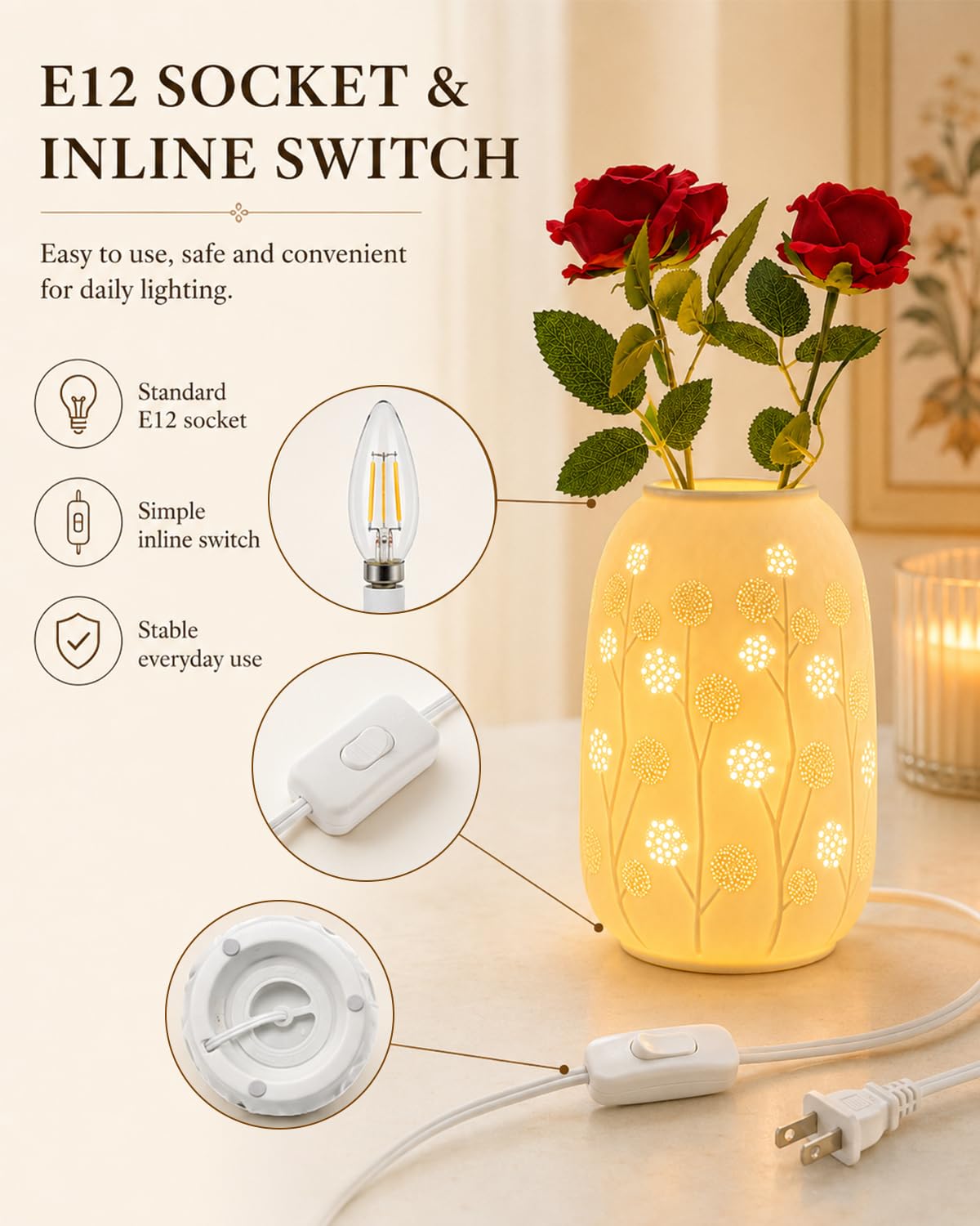 TACAHE Ceramic Vase Table Lamp, 2700K Bulb & 3 Artificial Flowers Included, E12 Socket, Inline Switch, Handmade Openwork Craft, Ambient Light for Living Room Bedroom - Dandelion 9"