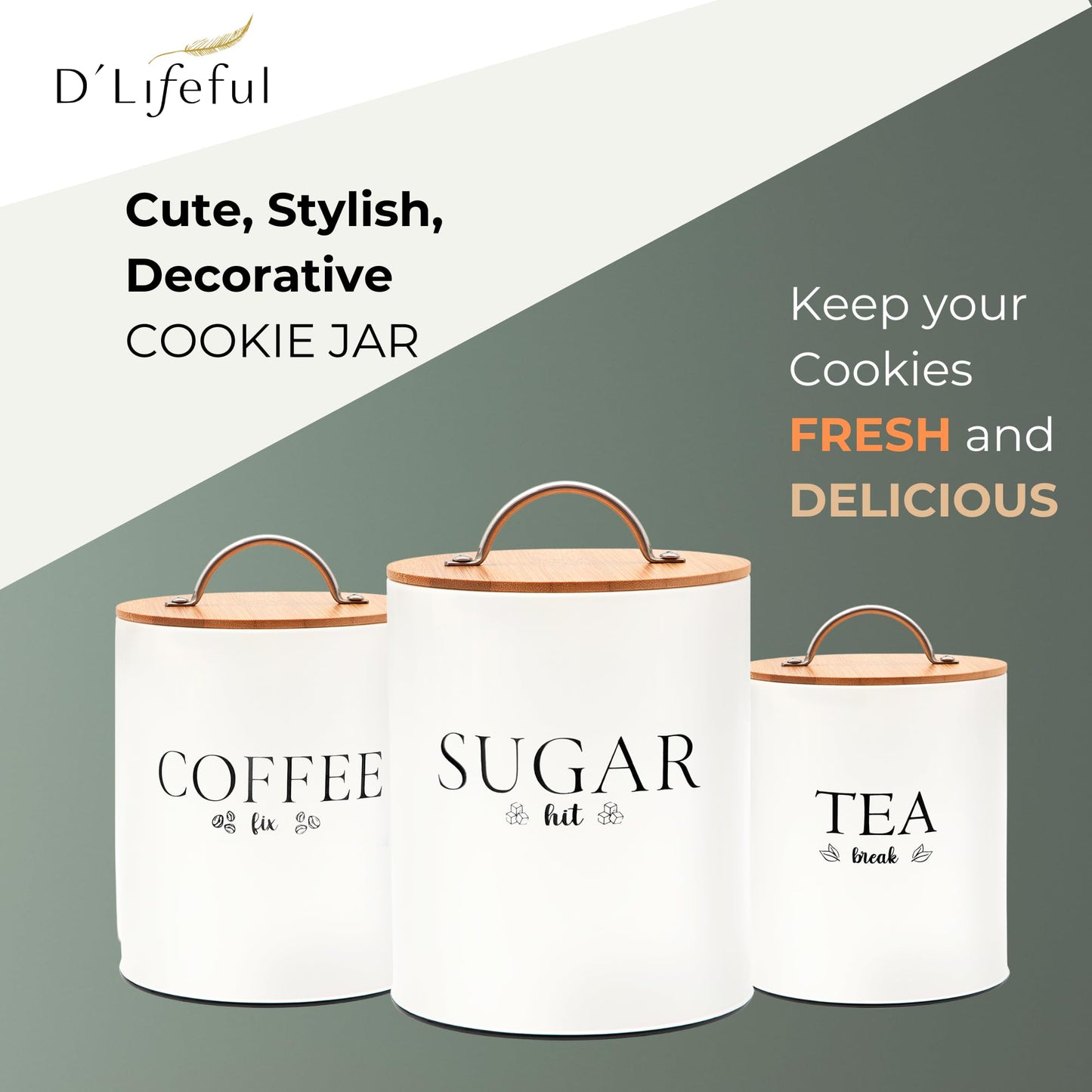 D'Lifeful Tea Coffee Sugar Canister Set - 3pc Airtight Canister Sets for Kitchen Counter - Farmhouse Containers for the Kitchen - Decorative Countertop storage with Airtight Lid for Freshness - White
