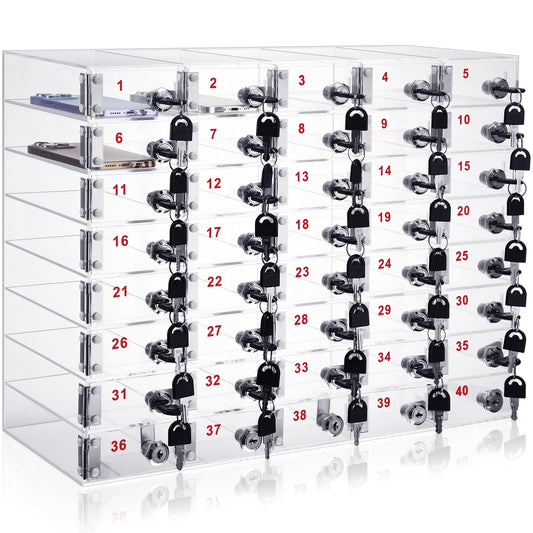 Layhit Clear 40 Slots Cell Phone Locker Box for Classroom Clear Acrylic Cell Phone Storage Cabinet Bin with Door Locks for Classroom School Students Office Factory Employees