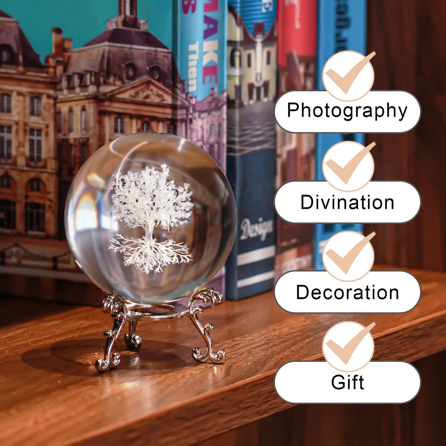 H&D Hyaline & Dora 70mm Tree of Life Clear Crystal Ball with Stand, K9 Glass Decorative Crystal Ball, 3D Laser Fengshui Home Decoration